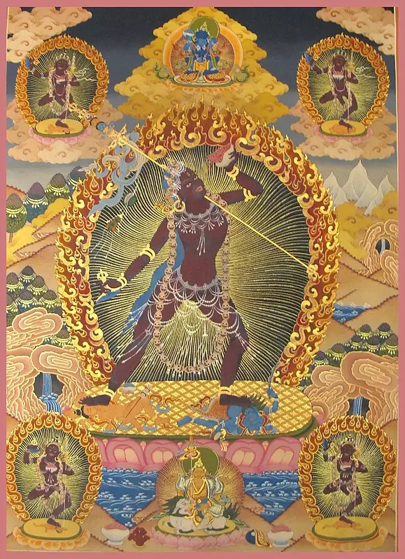 Vajrayogini in Tibetan Style Colors with Pure 24k Gold (Brocadeless Thangka)