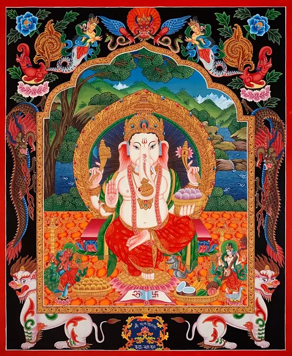 Four Armed White Ganesha seated on Lion Throne with Dragon Motifs/Newari Thangka (Brocadeless Thangka)