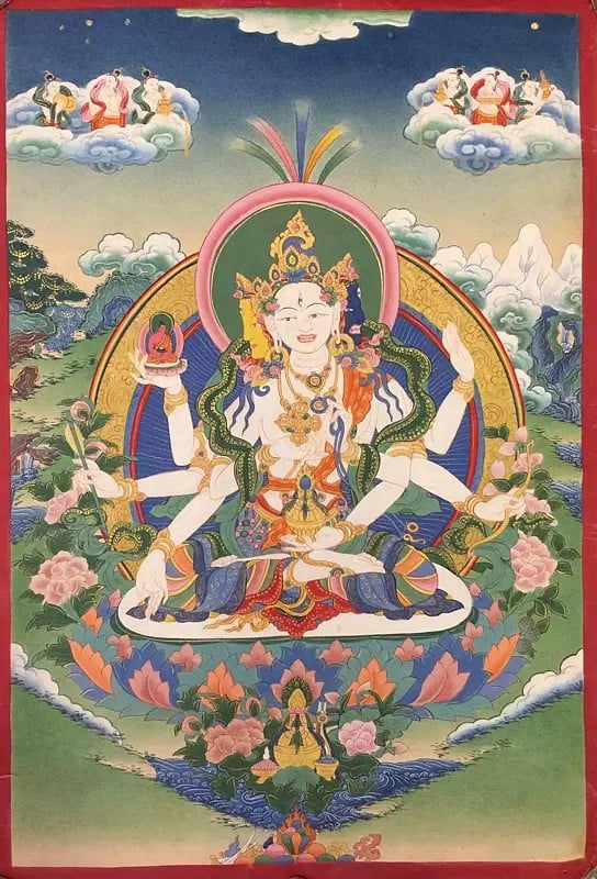 Namgyalma,Ushnishavijaya vintage old Thangka of The Long Life Deity (Brocadeless Thangka)