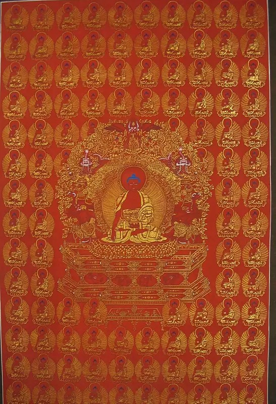 Red 108 Buddha Thangka (Brocadeless Thangka)