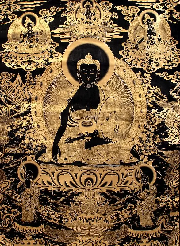 Super Large Shakyamuni Buddha in Bhumisparsha Mudra with His two Chief Disciples Shariputra and Maudgalyayana (Tibetan Buddhist)