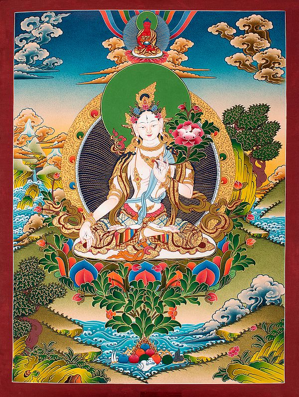 Tibetan Buddhist Goddess White Tara - Tibetan Buddhist Thangka Painting Without Brocade
