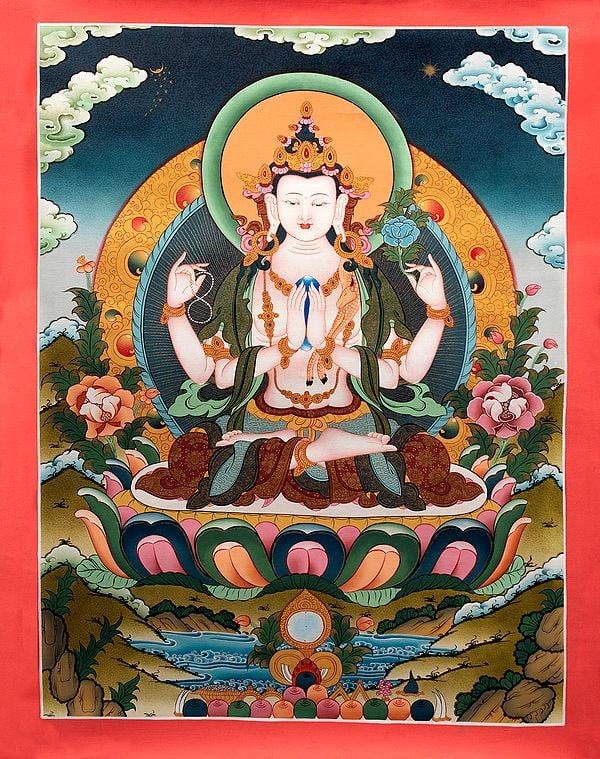 Superfine  Thangka of Tibetan Buddhist Chenrezig (Four Armed Avalokiteshvara) Without Brocade