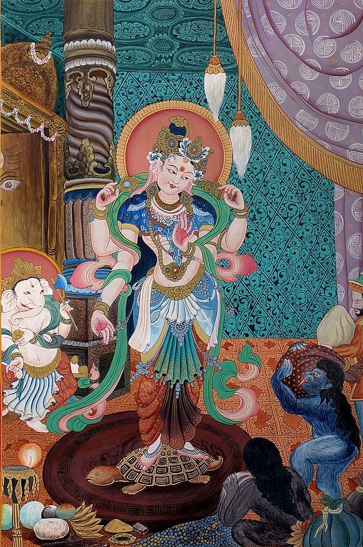 Nepalese Form of Devi Lakshmi, Daughter Of The Oceans (Brocadeless Thangka)