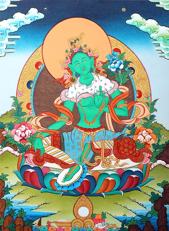 Emerald Green Goddess Green Tara - Tibetan Buddhist Brocadeless Thangka