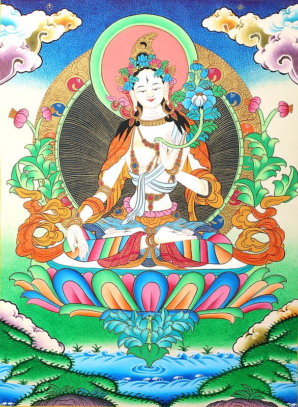Tibetan Buddhist Saviour Goddess White Tara -Brocadeless Thangka