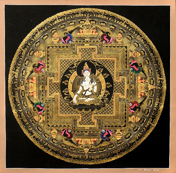 Superfine Mandala of Goddess White Tara - Tibetan Buddhist Brocadeless Thangka