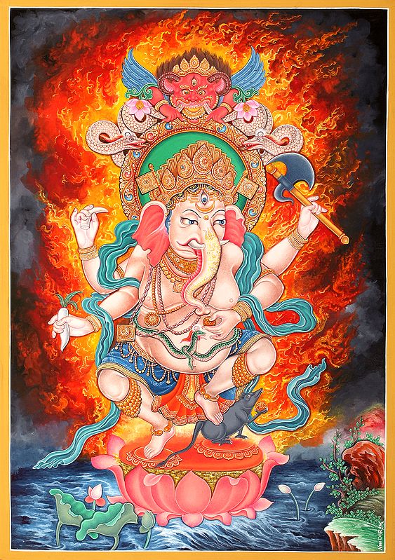 Newari Styled Four Armed Dancing Ganesha -   Brocadeless Thangka