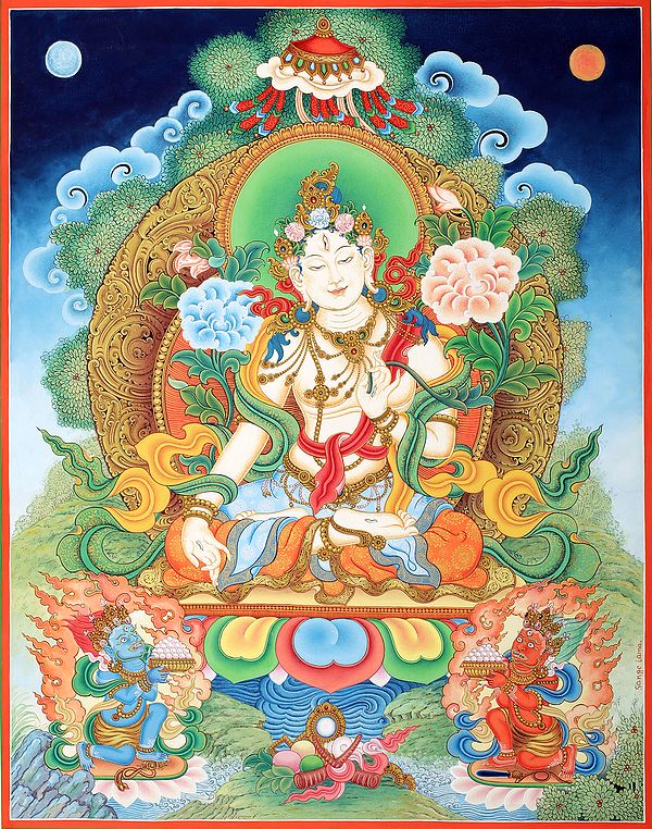 The Ethereal White Tara, Tibetan Buddhist Devi In Superfine Brocadeless Thangka