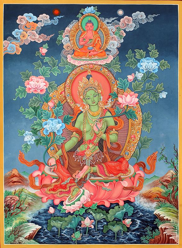 Superfine Tibetan Buddhist Deity Green Tara - Brocadeless Thangka