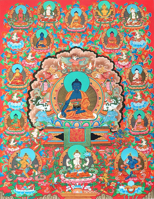 Superfine Medicine Buddha On The Six-Ornament Throne of Enlightenment in His Universe - Tibetan Buddhist Brocadeless Thangka
