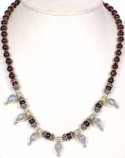 Garnet Necklace with Rainbow Moonstone Teardrops