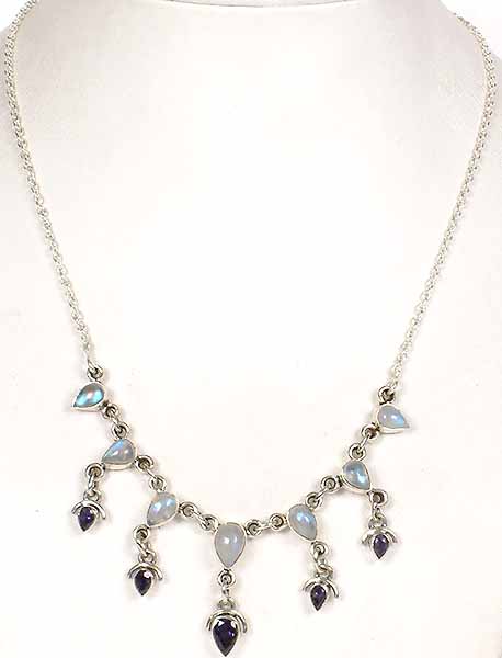 Inverted Teardrop Necklace of Rainbow Moonstone and Faceted Iolite