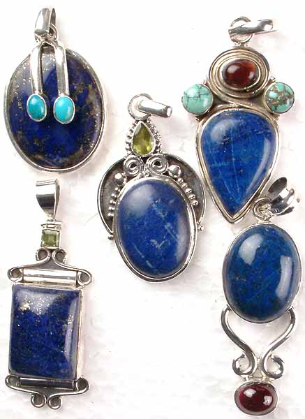 Lot of Five Lapis Lazuli Pendants in Combination with Other Gemstones