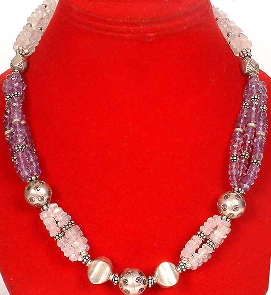 Multi Strand Necklace of Faceted Rainbow Moonstone and Amethyst