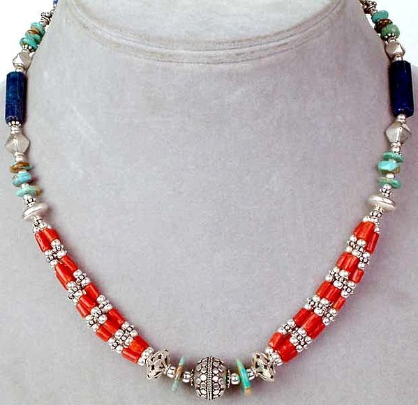 Turquoise Coral and Lapis Lazuli Necklace
