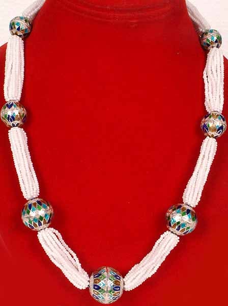 White Marble Beaded Necklace with Meenakari Beads