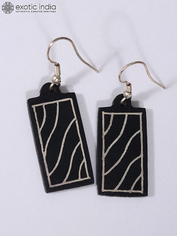 1" Small Beautiful Rectangular Earrings | Bidri Artwork | Gunmetal With Real Silver