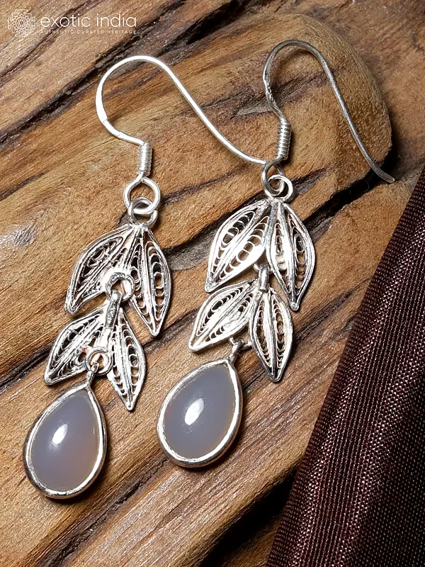 Leaf Design Sterling Silver Earrings with Gemstone