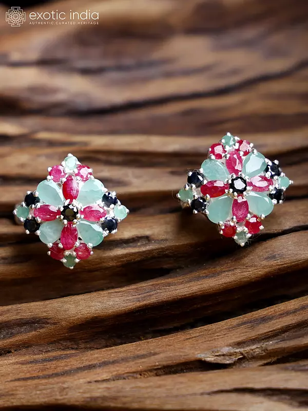 Diamond Shape Sterling Silver Earrings with Sapphire, Ruby and Emerald