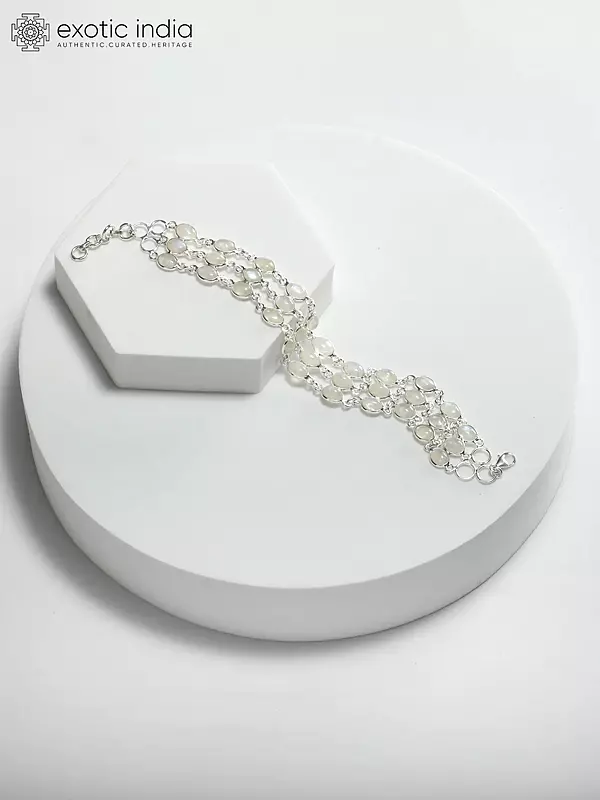 Three Layer Sterling Silver Bracelet with Cabochon Rainbow Moonstone