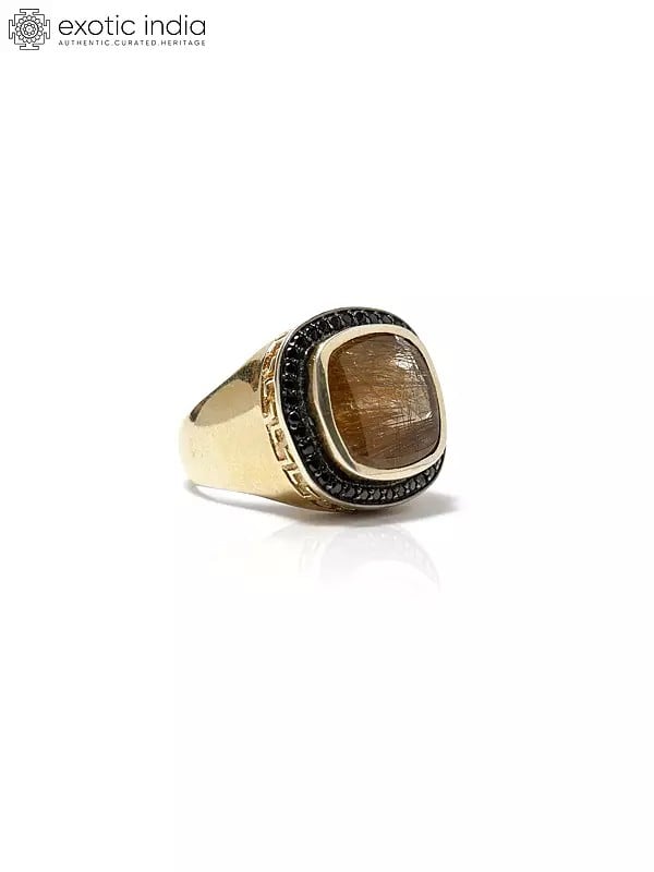 Golden Rutile Ring with Black Spinel Gemstone