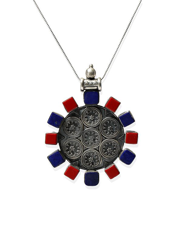 Circular Sterling Silver Pendant with Coral and Lapis Lazuli