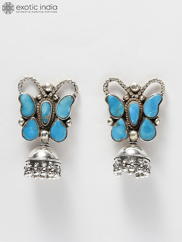Sterling Silver Butterfly Design Jhumki Earrings with Arizona Turquoise