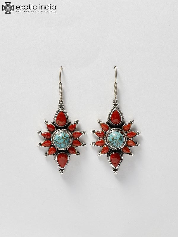Floral Design Sterling Silver Earrings with Coral and Tibetan Turquoise