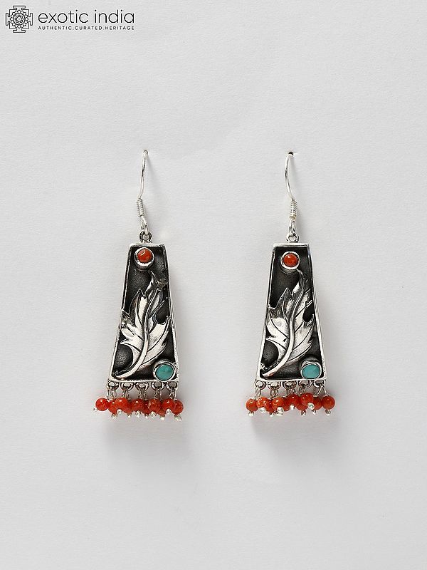 Sterling Silver Leaf Earrings with Coral and Turquoise