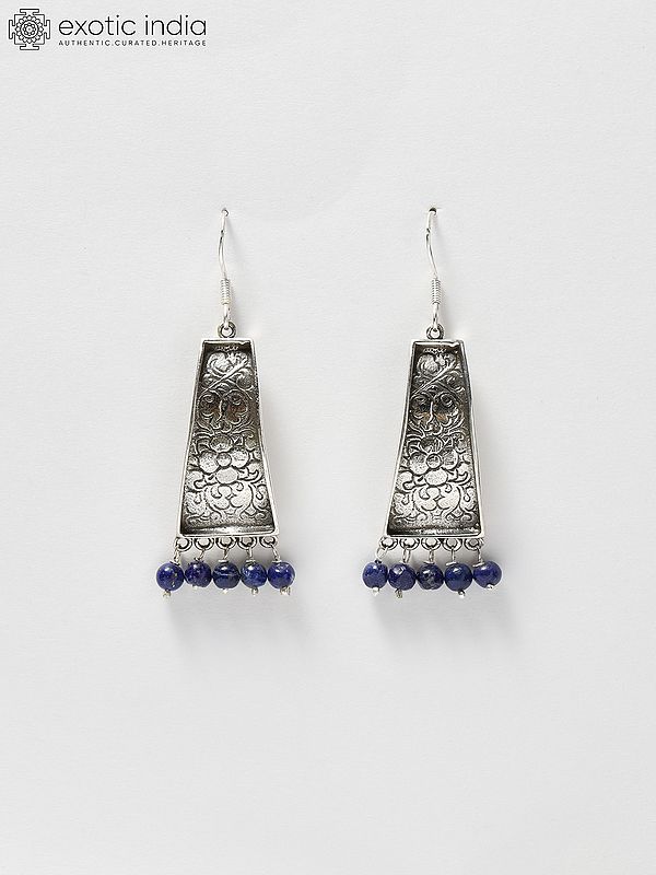 Sterling Silver Lapis Lazuli Hook Earrings with Engraved Flowers