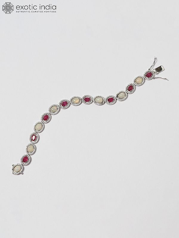 Sterling Silver Bracelet with Oval Shape Ruby, Opal and Cubic Zirconia