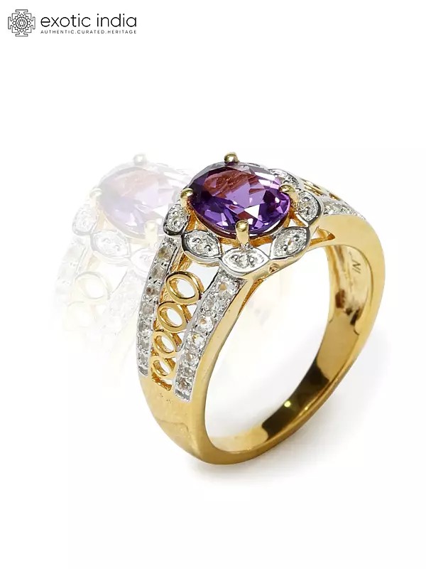 Gold-Plated Sterling Silver Ring with Faceted Oval Cut Amethyst and Cubic Zirconia