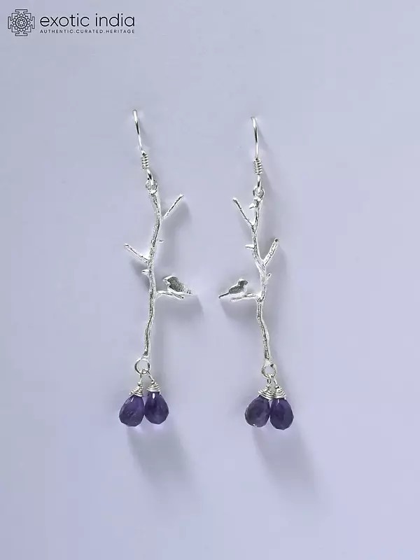 Birds on Tree Branch Earrings with Faceted Amethyst