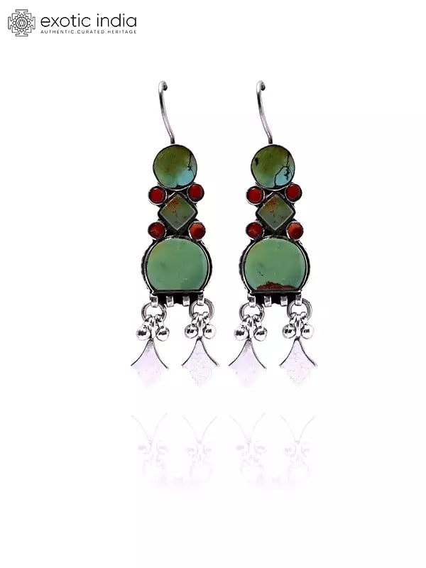 Sterling Silver Hook Earrings with Tibetan Turquoise and Coral