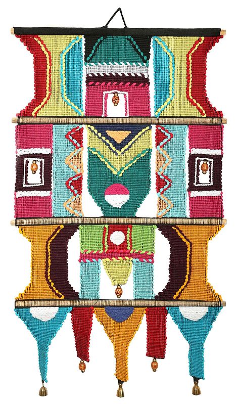 Multicolored Cotton Handmade Wall-Hanging with Wooden Beads and Brass Bells from Maharashtra