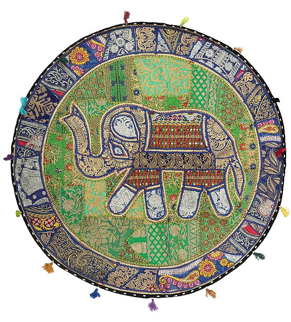 Royal-Blue Hand-Crafted Elephant Wall Hanging from Gujarat with Upcycled Embroidery Patchwork