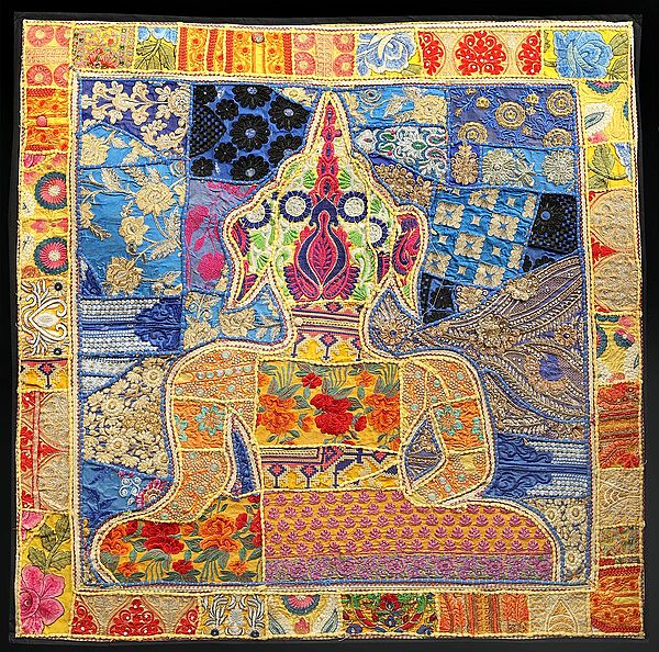 Gold-Fusion Hand-Crafted Meditating Buddha Wall Hanging from Gujarat with Upcycled Embroidery Patchwork