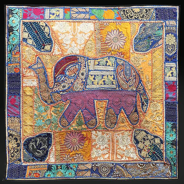 Lapis-Blue Hand-Crafted Elephant Wall Hanging from Gujarat with Upcycled Embroidery Patchwork