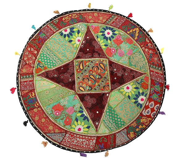 Jade-Green Hand-Crafted Round Wall Hanging from Gujarat with Upcycled Embroidery Patchwork