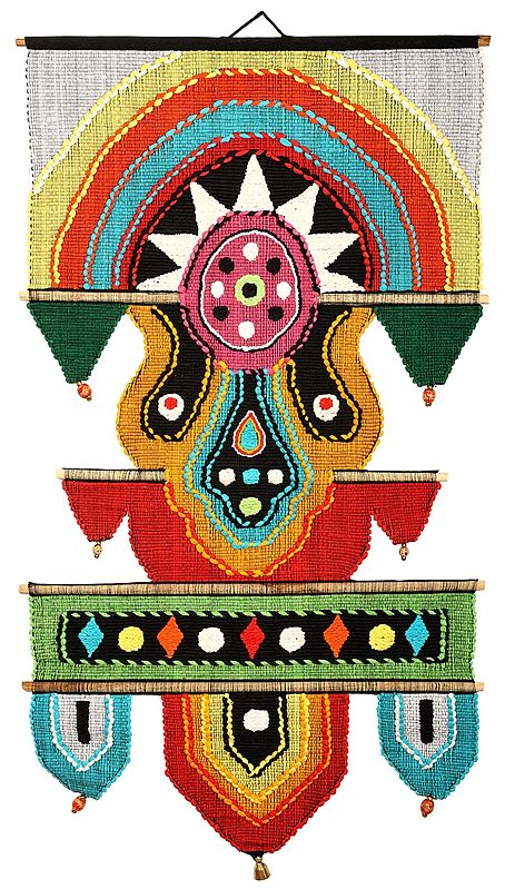 Multicolored Cotton Handmade Tribal Wall-Hanging with Wooden Beads and Brass Bells from Maharashtra