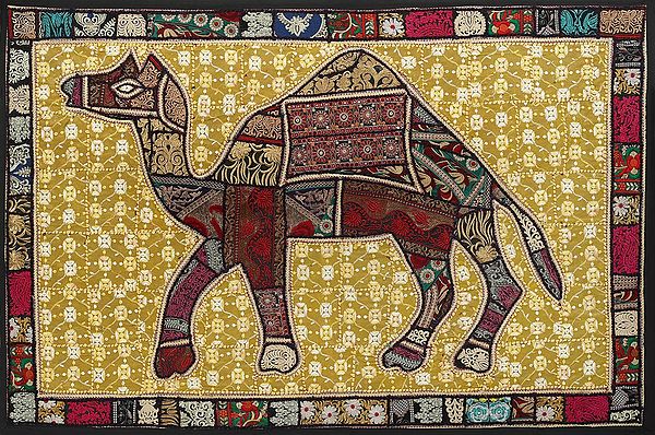 Warm-Sand Hand-Crafted Camel Wall Hanging from Gujarat with Upcycled Embroidery Patchwork
