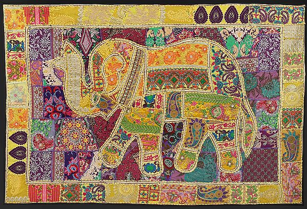 Spectra-Yellow Hand-Crafted Elephant Wall Hanging from Gujarat with Upcycled Embroidery Patchwork