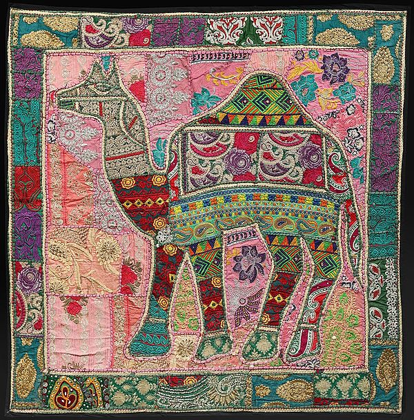 Vineyard-Green Hand-Crafted Camel Wall Hanging from Gujarat with Upcycled Embroidery Patchwork