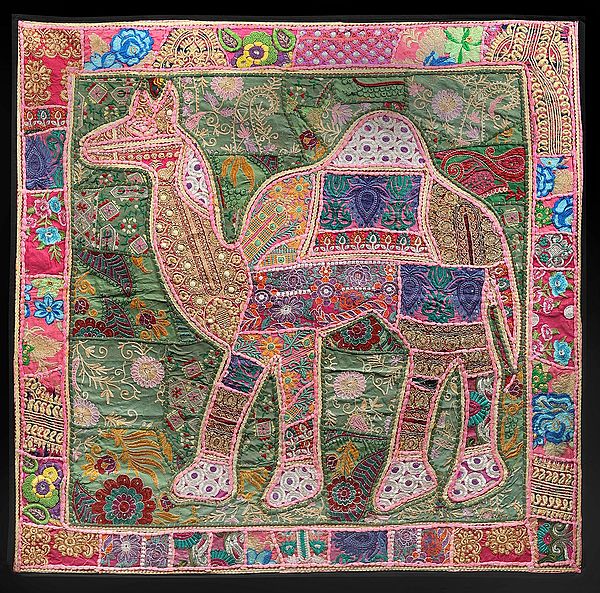 Prism-Pink Hand-Crafted Camel Wall Hanging from Gujarat with Upcycled Embroidery Patchwork
