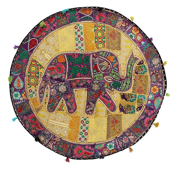 Old-Gold Hand-Crafted Elephant Round Wall Hanging from Gujarat with Upcycled Embroidery Patchwork