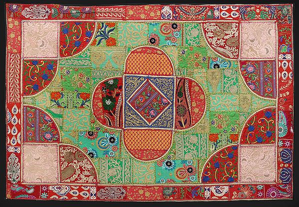 Rococco-Red Hand-Crafted Geometric Wall Hanging from Gujarat with Upcycled Embroidery Patchwork