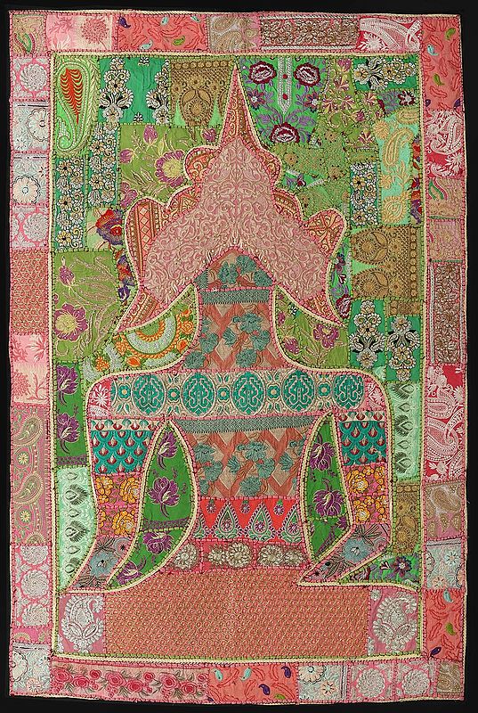 Conch-Shell Hand-Crafted Meditating Buddha Wall Hanging from Gujarat with Upcycled Embroidery Patchwork