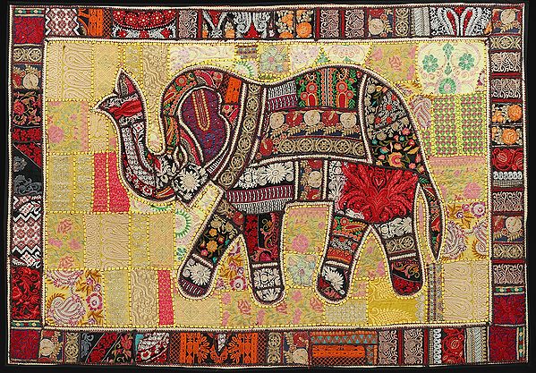 Mimosa Yellow Hand-Crafted Elephant Wall Hanging from Gujarat with Upcycled Embroidery Patchwork