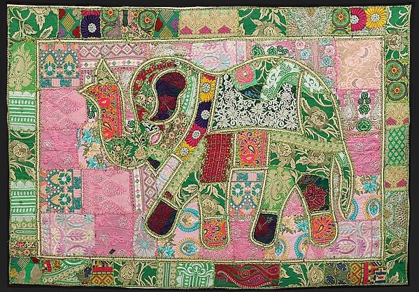 Meadow-Green Hand-Crafted Elephant Wall Hanging from Gujarat with Upcycled Embroidery Patchwork